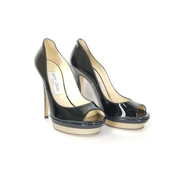 JIMMY CHOO Patent Leather Platform Heels Open Toe Stiletto Pumps Size 37 - Picture 16 of 16